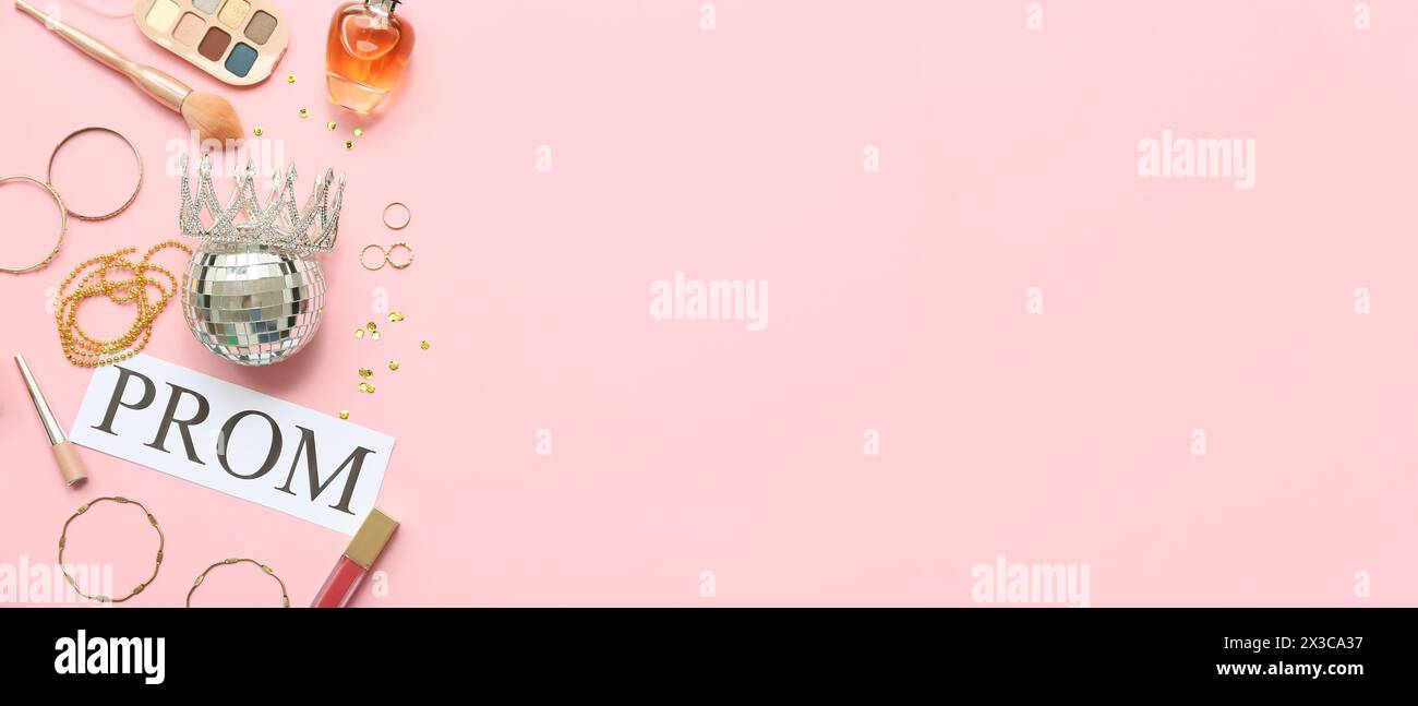 Word PROM with disco ball and female accessories on pink background ...