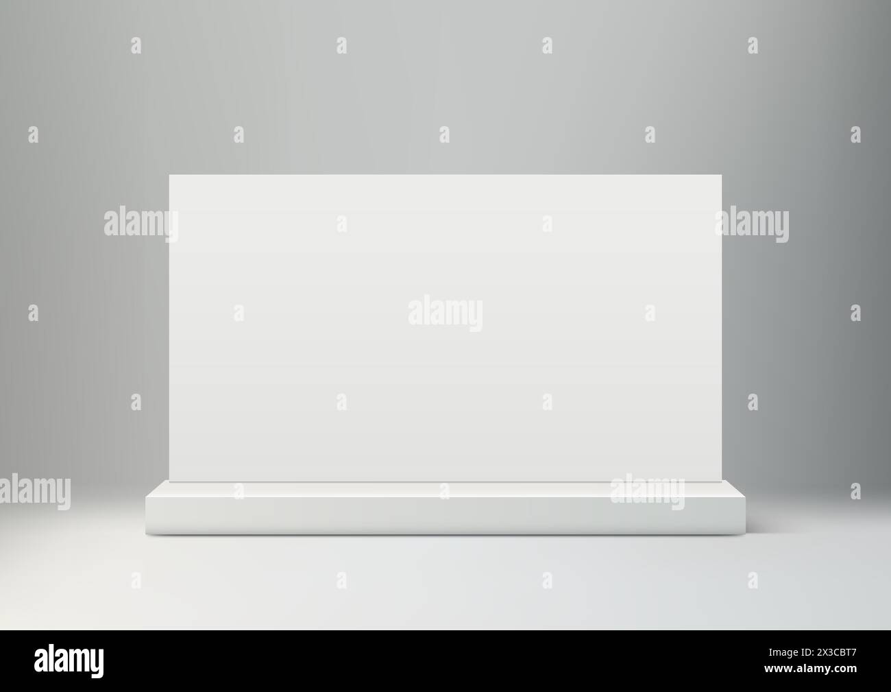 3D realistic white platform with white rectangle backdrop on the floor and gray wall background, minimal concept, product display, mockup, showroom, s Stock Vector