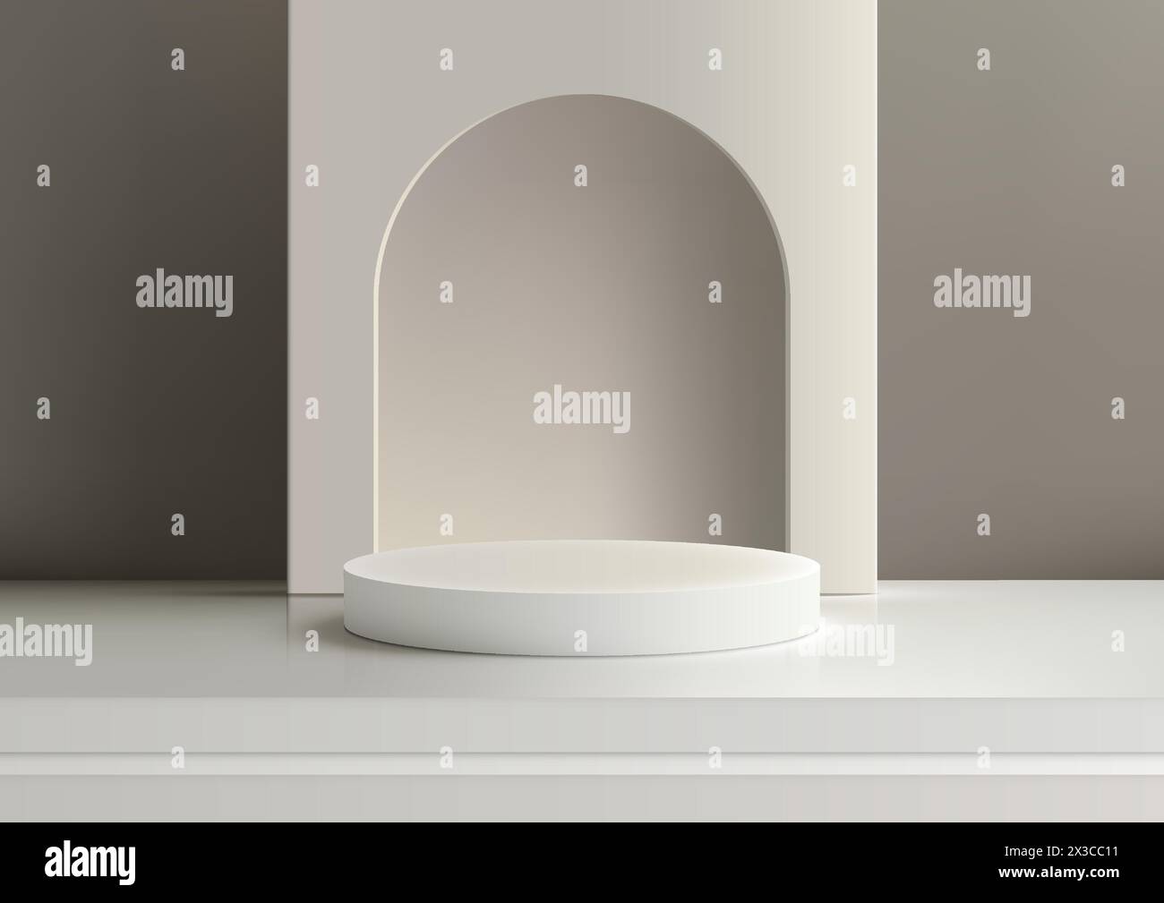 3D realistic white color podium with archway backdrop on the stair floor and light brown background, minimal concept, product display, mockup, showroo Stock Vector
