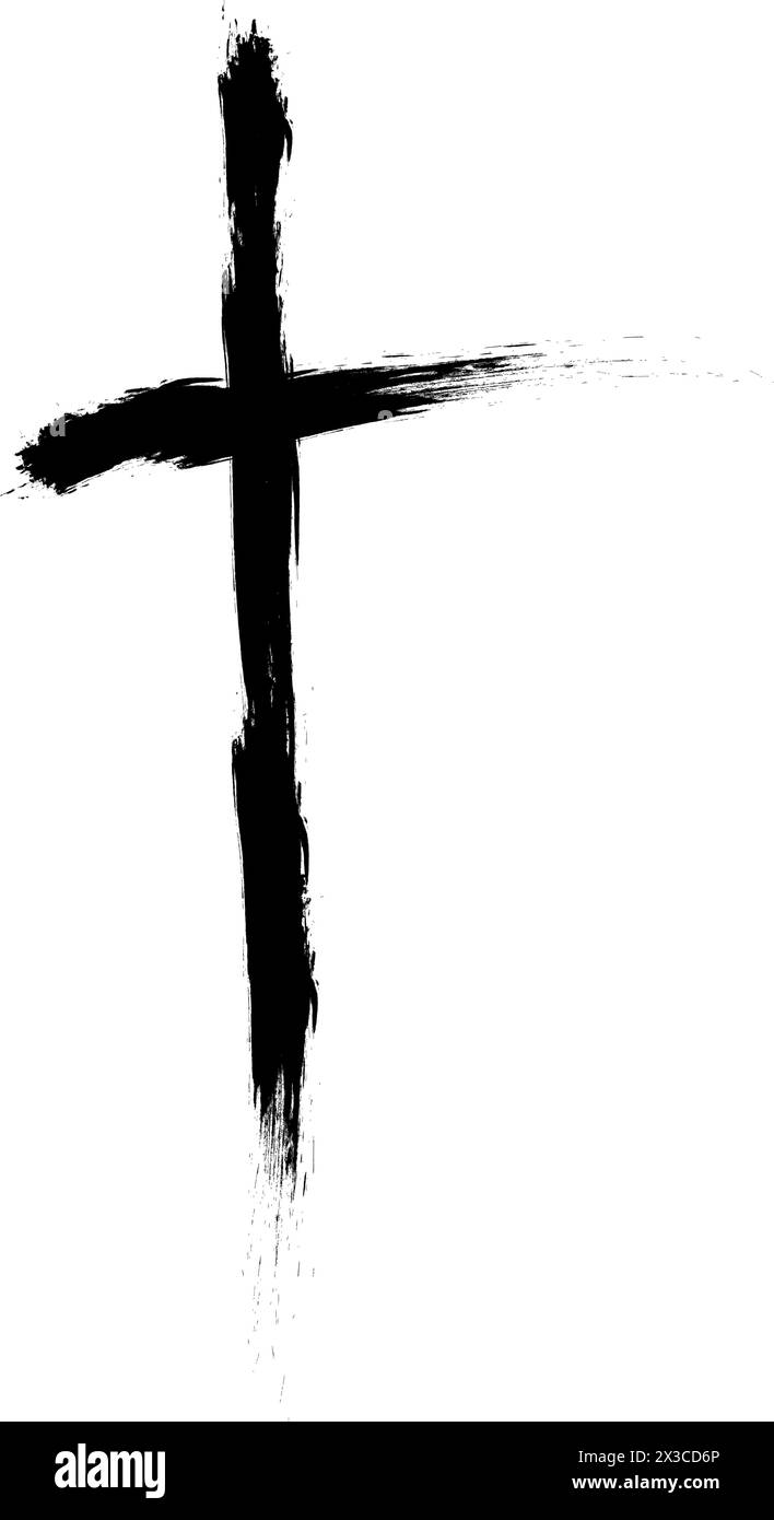 Grunge Christian Church cross. Hand drawn Catholic cross. Sketch black religious crucifix symbol. Vector illustration isolated on white background Stock Vector