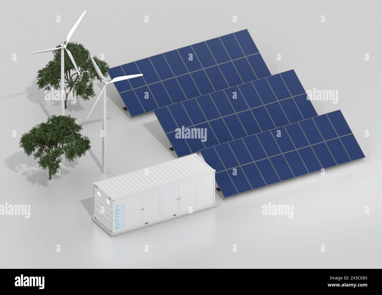 Containerized Battery Energy Storage System and solar panel, wind turbine. Generic design. 3D rendering image. Stock Photo