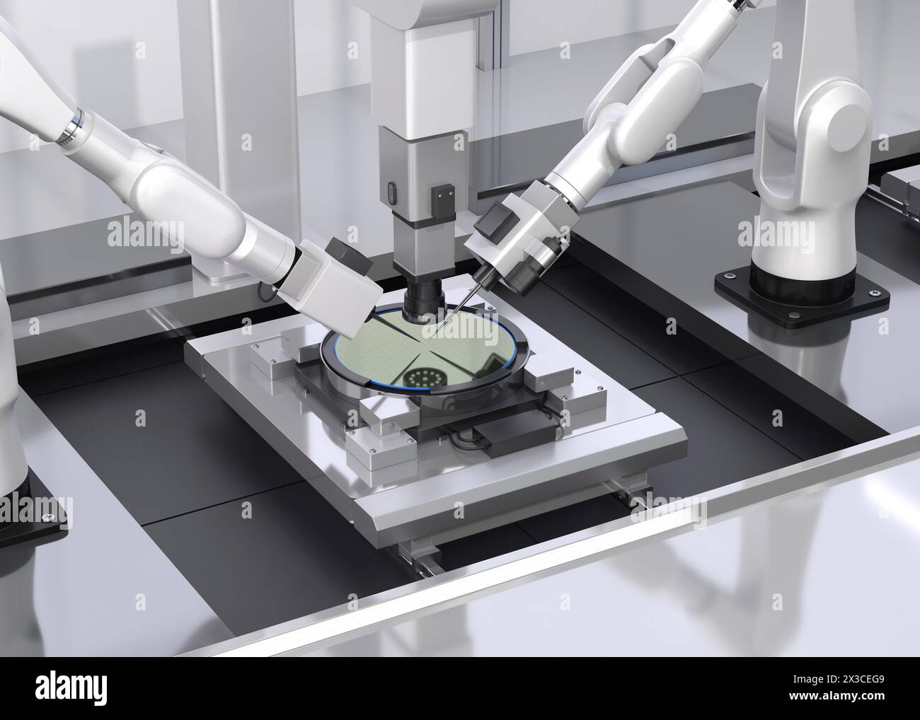 Semiconductor Silicon Wafer Probe testing process. 3D rendering image. Stock Photo