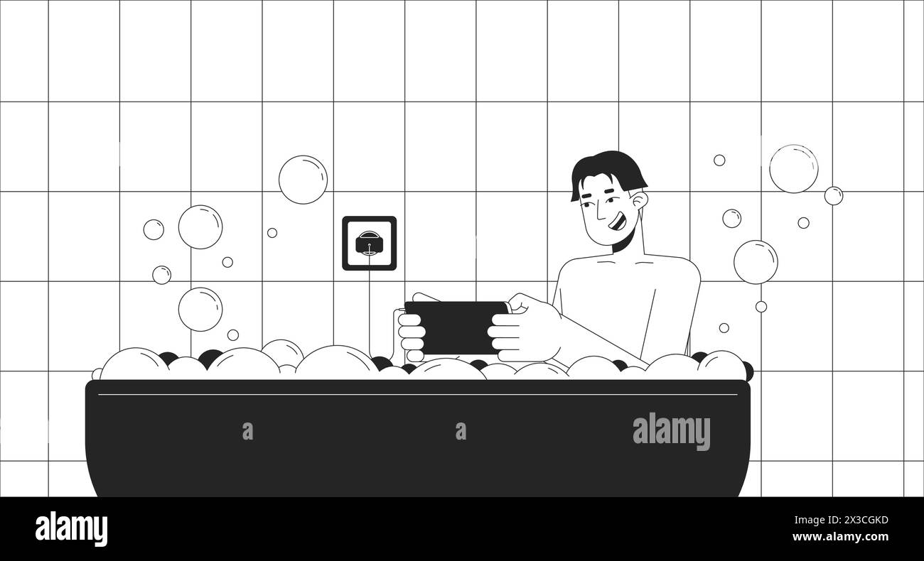 Happy man with smartphone taking bath black and white line illustration Stock Vector