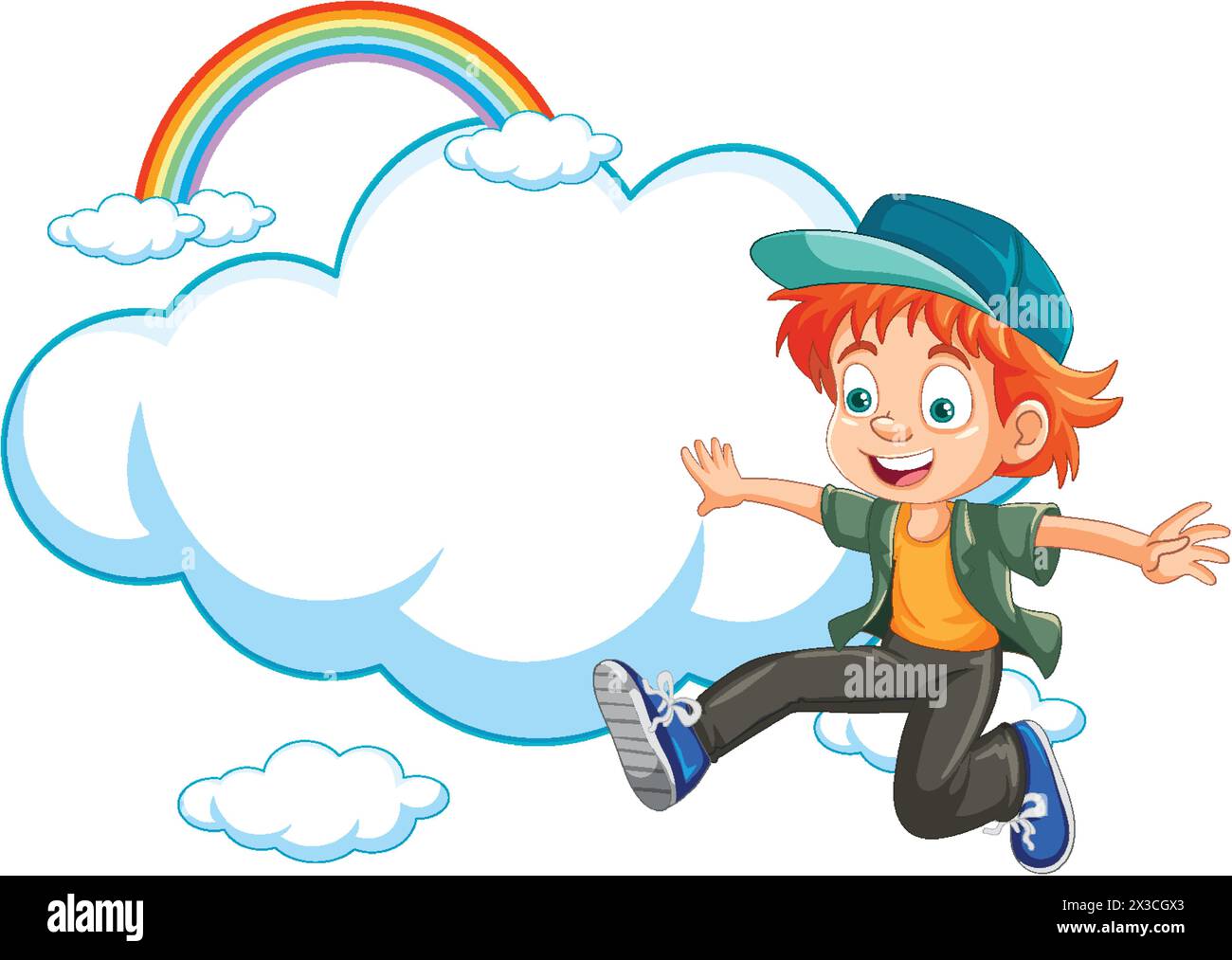 Happy cartoon boy sitting on cloud with rainbow Stock Vector Image ...