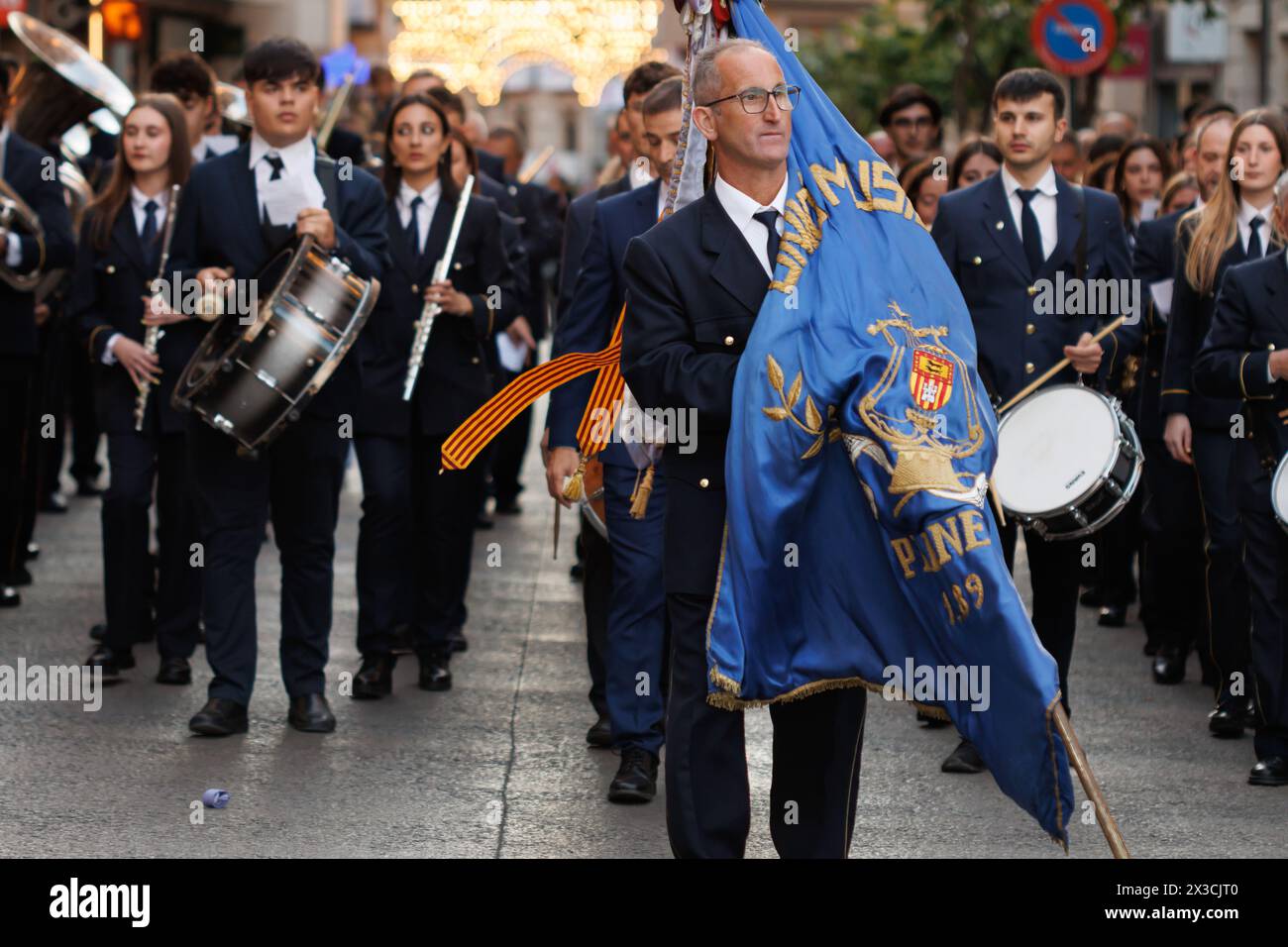Alcoy, Spain, 04-19-2024: Union Musical of Planes at its entrance to the town hall square during the pasodoble festival Stock Photo