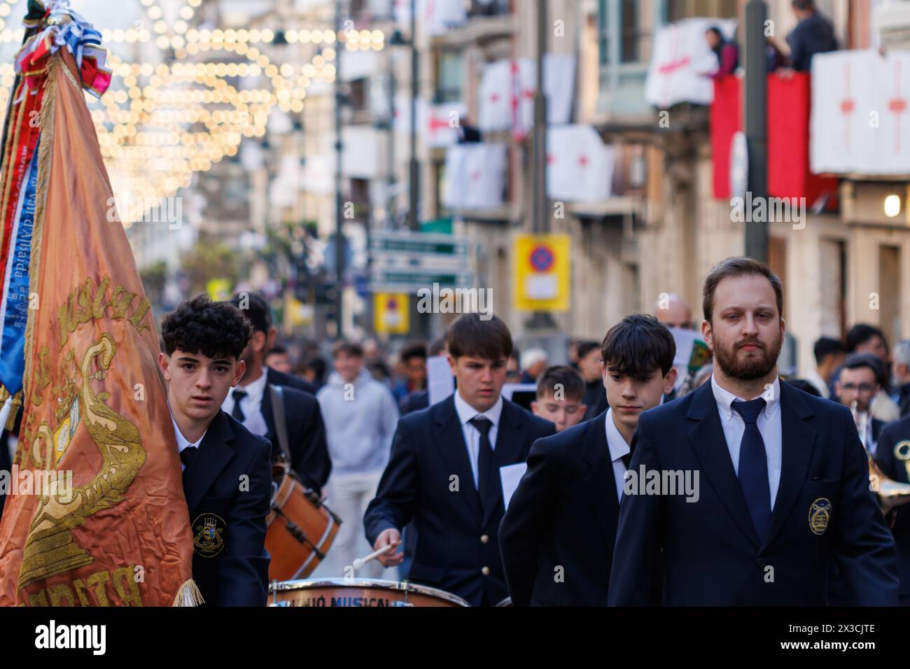 04-19-2024: Close-up of a music band parading at the pasodoble festival prior to singing the festival anthem of Alcoy, Spain Stock Photo
