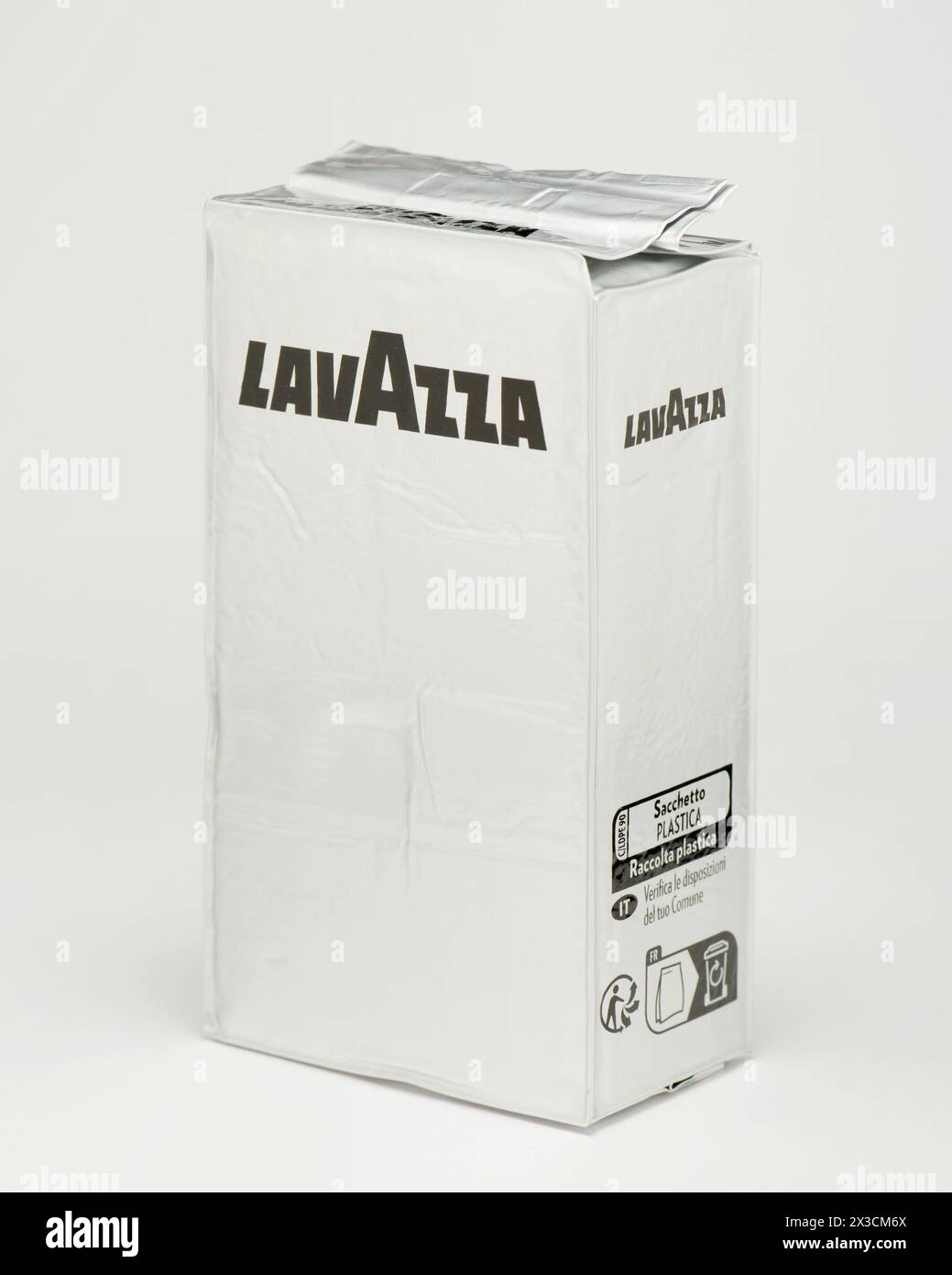 Lavazza Italian coffee single recyclable pack isolated on white as circular economy biodegradable packaging concept Stock Photo