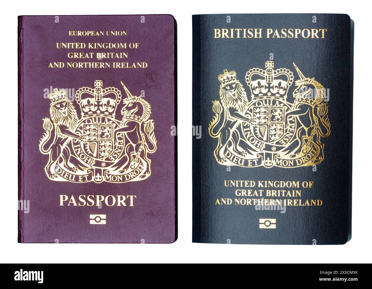 An old burgundy red British passport next to a new Blue British Passport Stock Photo