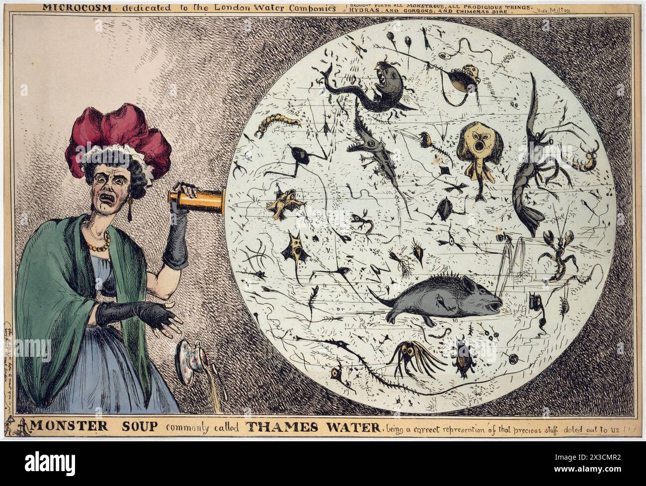 Water pollution - Contents of a Magnified Drop of Thames Water Revealing the Impurity of London Drinking Water. - British poster 1828, caricature - cartoon - William Heath illustration Stock Photo