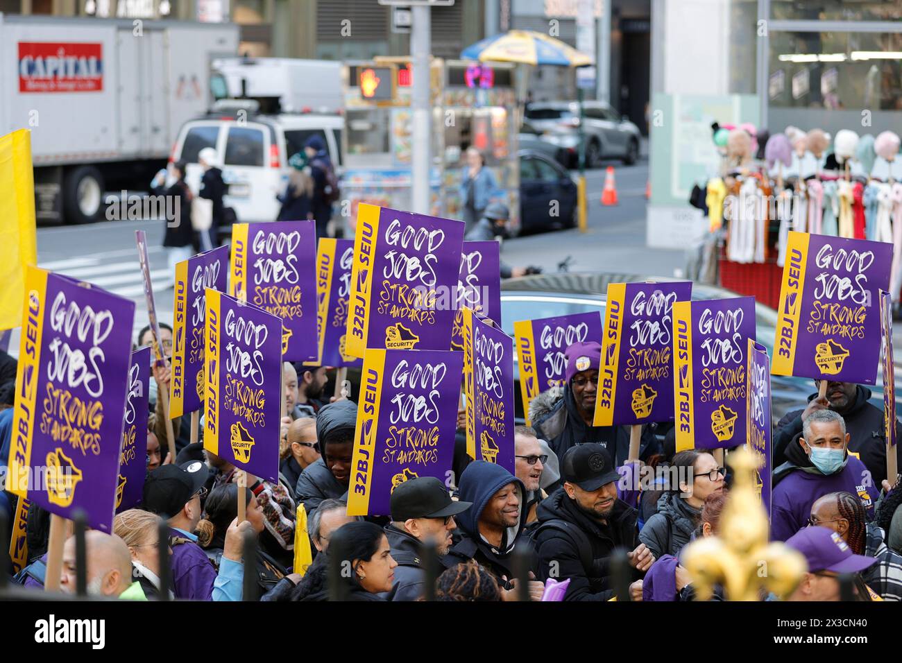 Ny, USA. 25th Apr, 2024. Bryant Park, New York, USA, April 19, 2024 - Thousands of 32BJ SEIU Security Officers along with elected officials rally at Bryant Park demanding a better Contract and better payments today in New York City. Photo: Luiz Rampelotto/EuropaNewswire.Editorial Use Only. Not for Commercial USAGE! (Credit Image: © Luiz Rampelotto/ZUMA Press Wire) EDITORIAL USAGE ONLY! Not for Commercial USAGE! Stock Photo