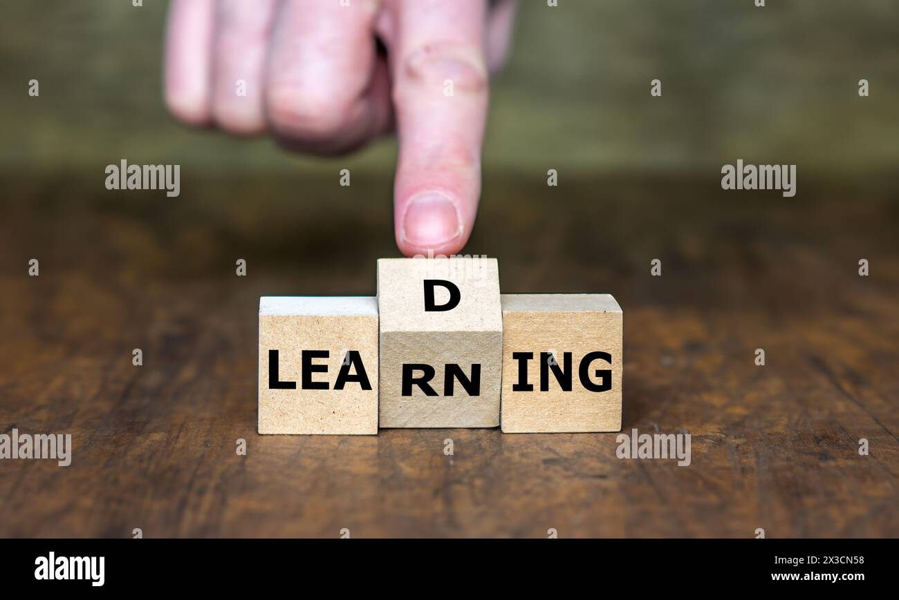 Cubes form the words learning and leading. Stock Photo