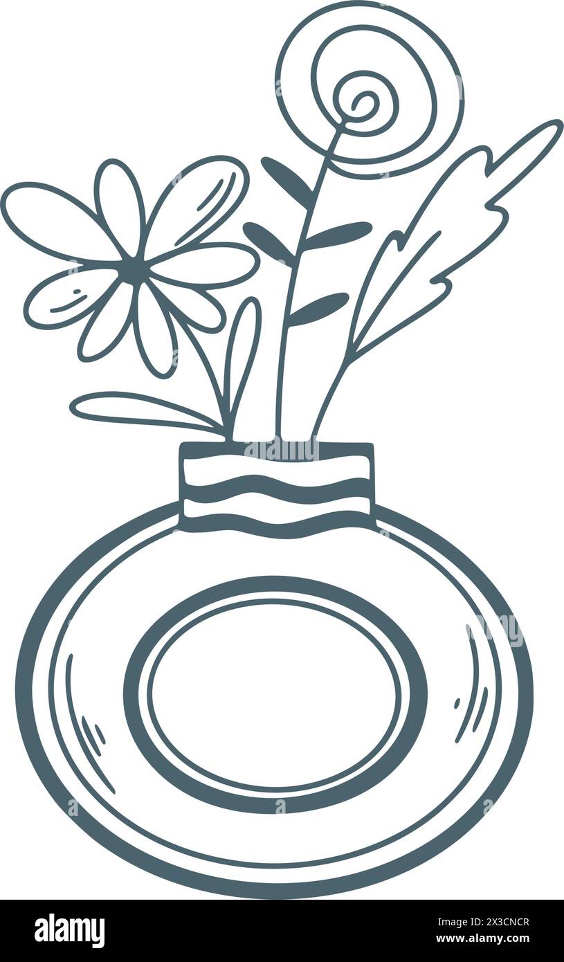 Modern vase with flowers simple doodle sketch style clip art