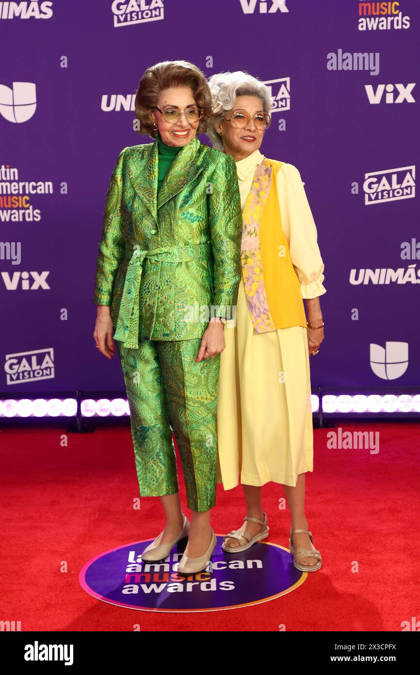 Las Vegas, United States. 25th Apr, 2024. (L-R) Patricia Mauceri and Olivia Negron of Dina & Mita arrive for the 2024 Latin American Music Awards at the Grand Garden Arena at MGM Resort and Casino in Las Vegas, Nevada on Thursday, April 25, 2024. Photo by James Atoa/UPI Credit: UPI/Alamy Live News Stock Photo