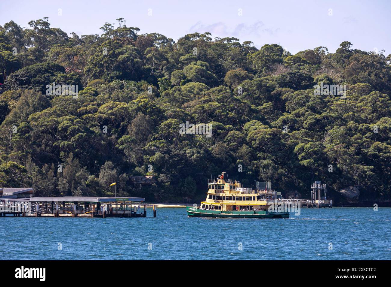 Taronga Zoo ferry wharf on lower north shore of Sydney harbour harbour, Sydney ferry Scarborough approaches the wharf, NSW,Australia Stock Photo