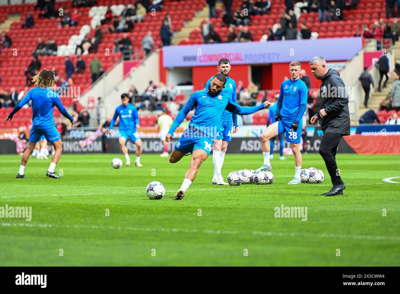 Rotherham, April 20 2024 Keshi Anderson warming up ahead of the Rotherham v Birmingham City fixture Stock Photo