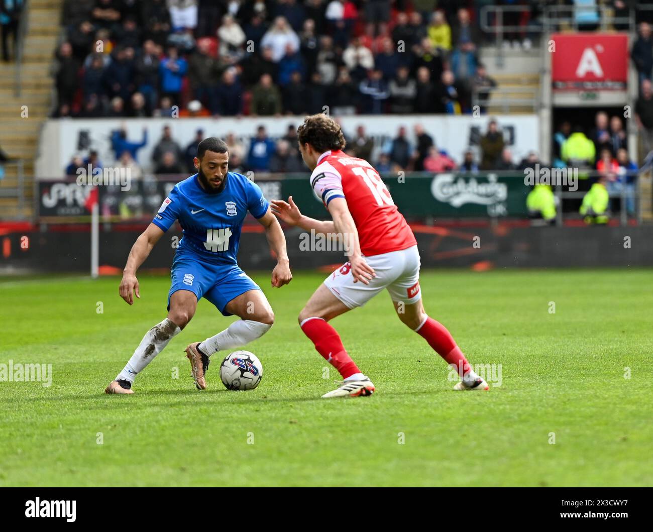 Rotherham, April 20 2024 Keshi Anderson drives at Rotherham defenders Stock Photo