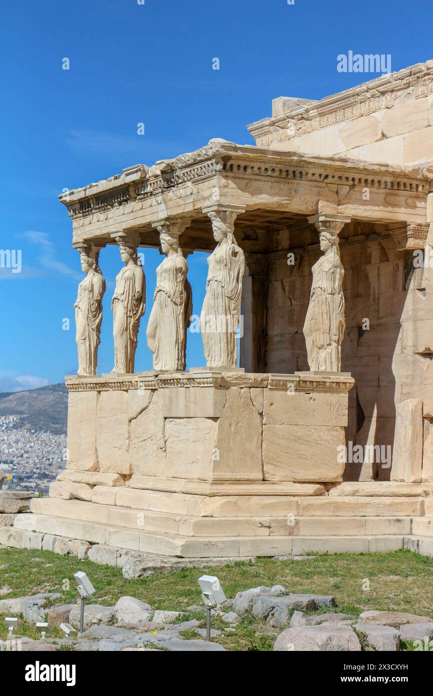 Explore the architectural marvel of the Erechtheion, a captivating landmark atop the Acropolis, drawing tourists and serving as a commercial asset for Stock Photo