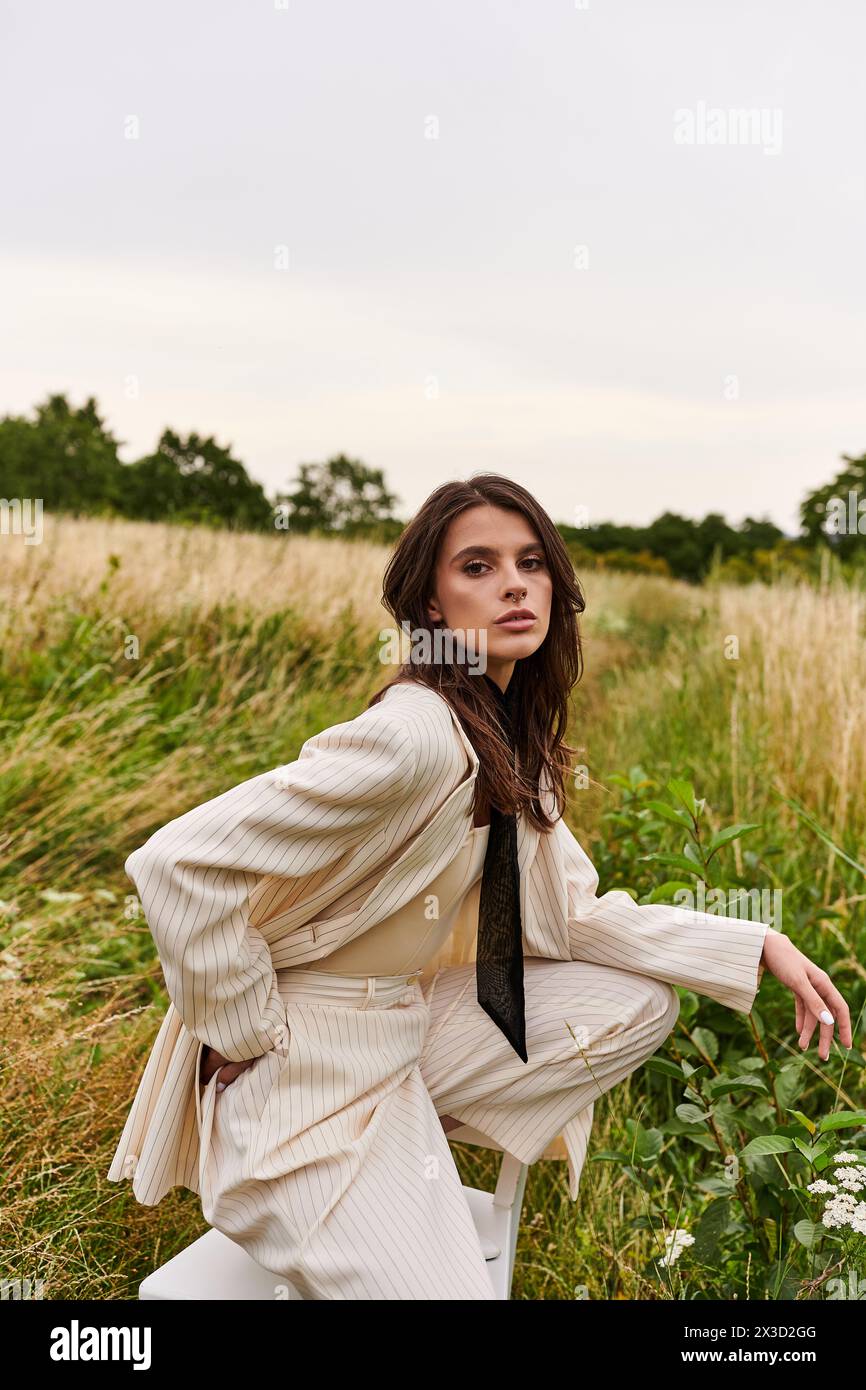 A beautiful young woman in a white suit and tie stands gracefully in a field, enjoying the summer breeze. Stock Photo