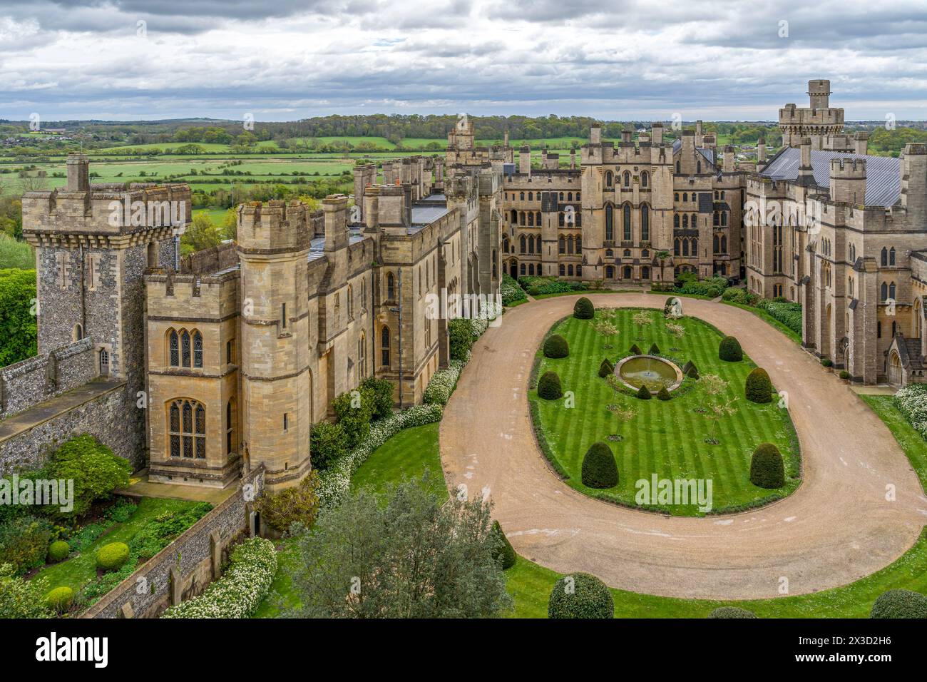 The private courtyard inside the walls of Arundel Castle with views across West Sussex toward the English Channel Stock Photo