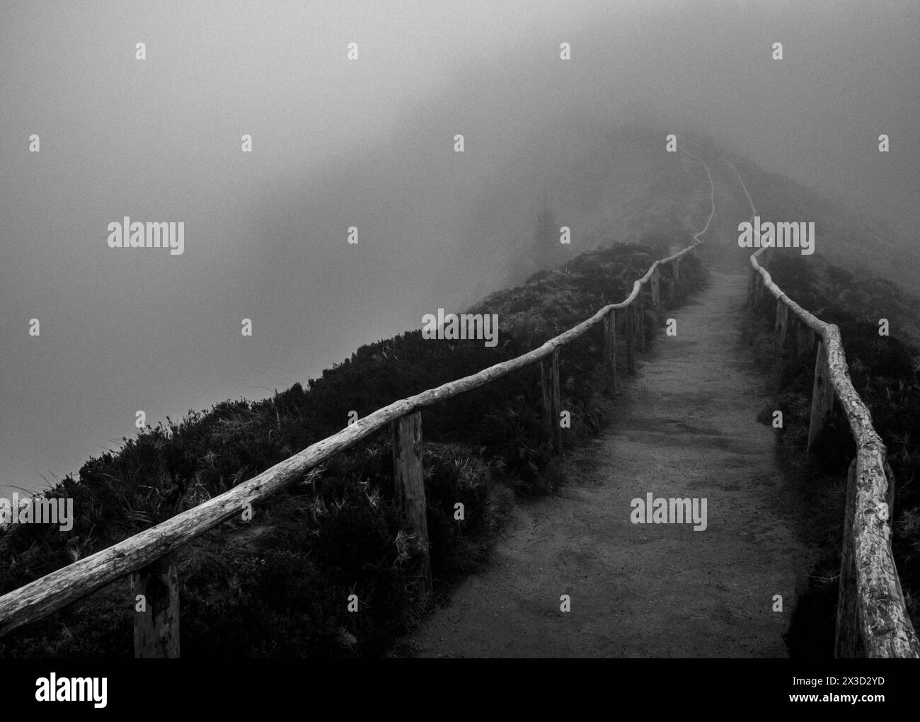 Trail with railings along a ridge disappears into mist and fog, Azores Stock Photo