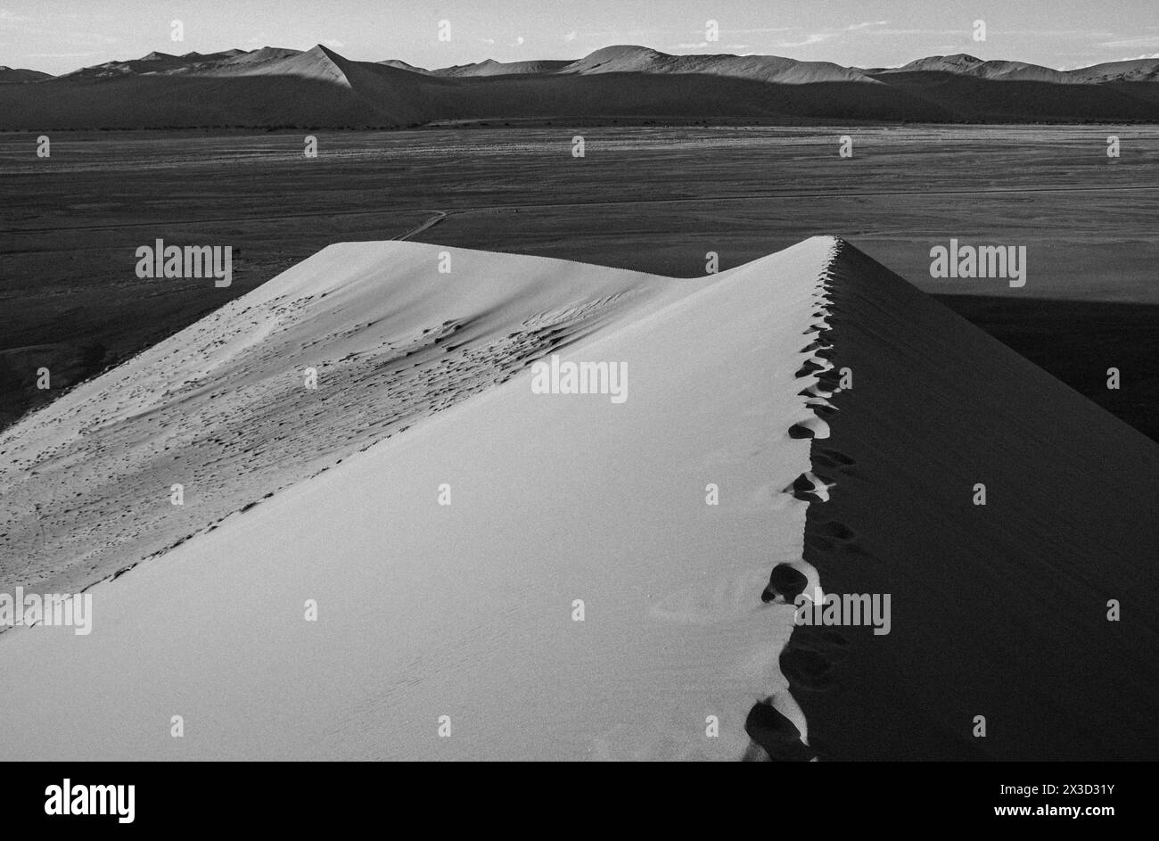 footsteps along sand dune 45, Namib Desert, Namibia Stock Photo