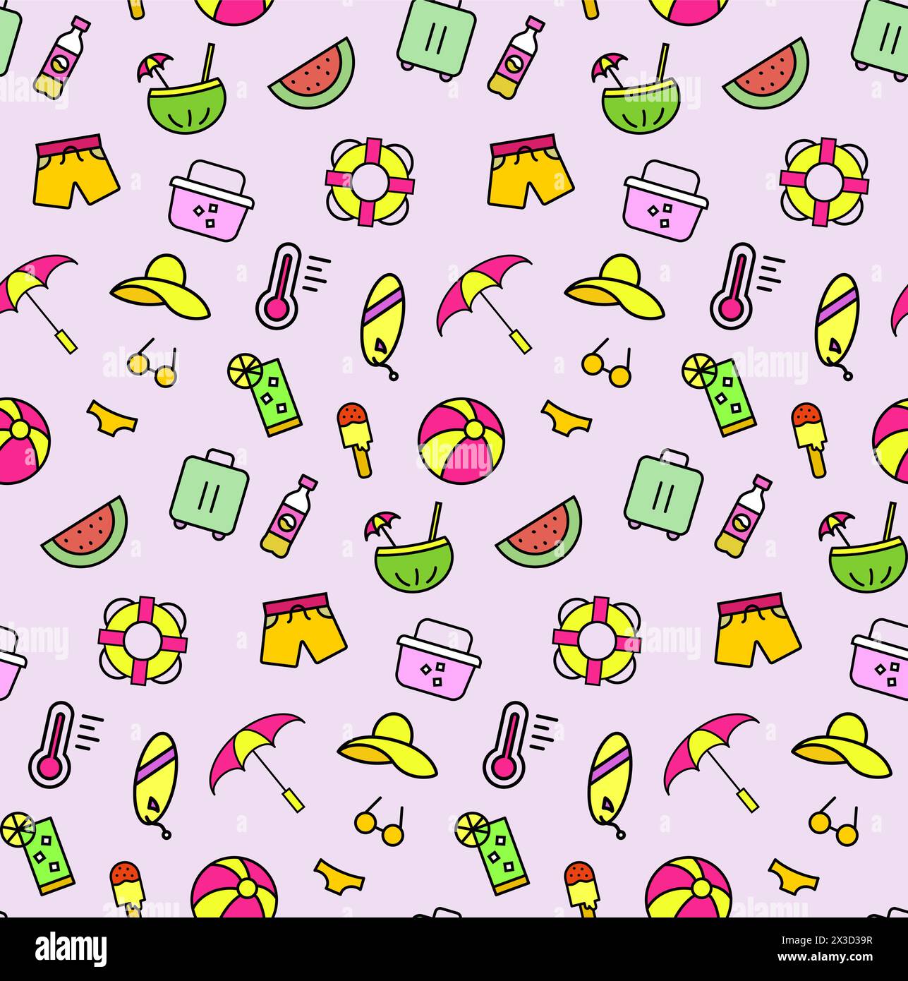 summer party seamless pattern, vector illustration coloured, pink background Stock Vector