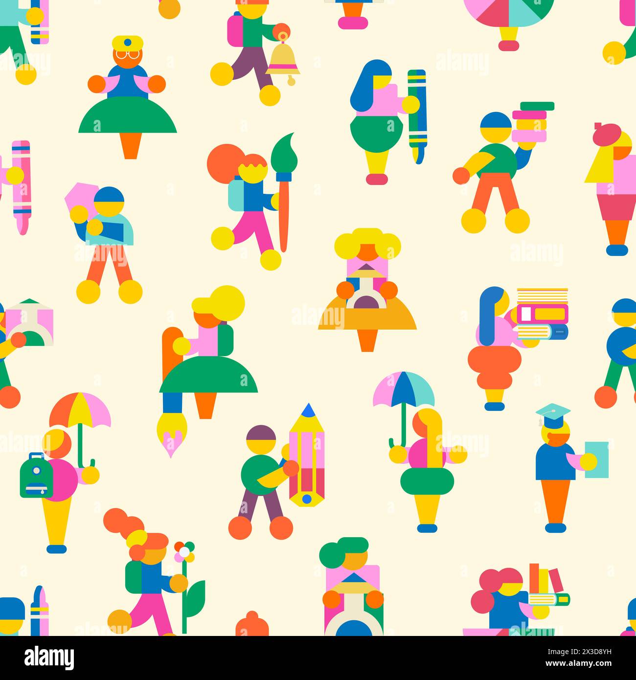 Children seamless pattern. Modern minimalistic design of crowd of people with school supplies or drawing supplies. Stock Vector