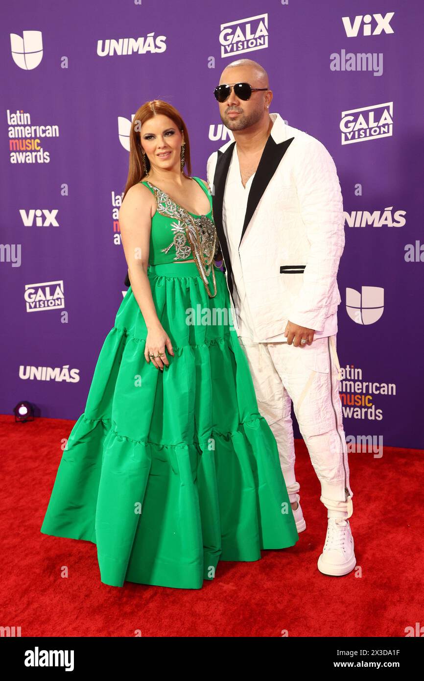 Las Vegas, United States. 25th Apr, 2024. (L-R) Yomaira Ortiz Feliciano and Wisin arrive for the 2024 Latin American Music Awards at the Grand Garden Arena at MGM Resort and Casino in Las Vegas, Nevada on Thursday, April 25, 2024. Photo by James Atoa/UPI Credit: UPI/Alamy Live News Stock Photo