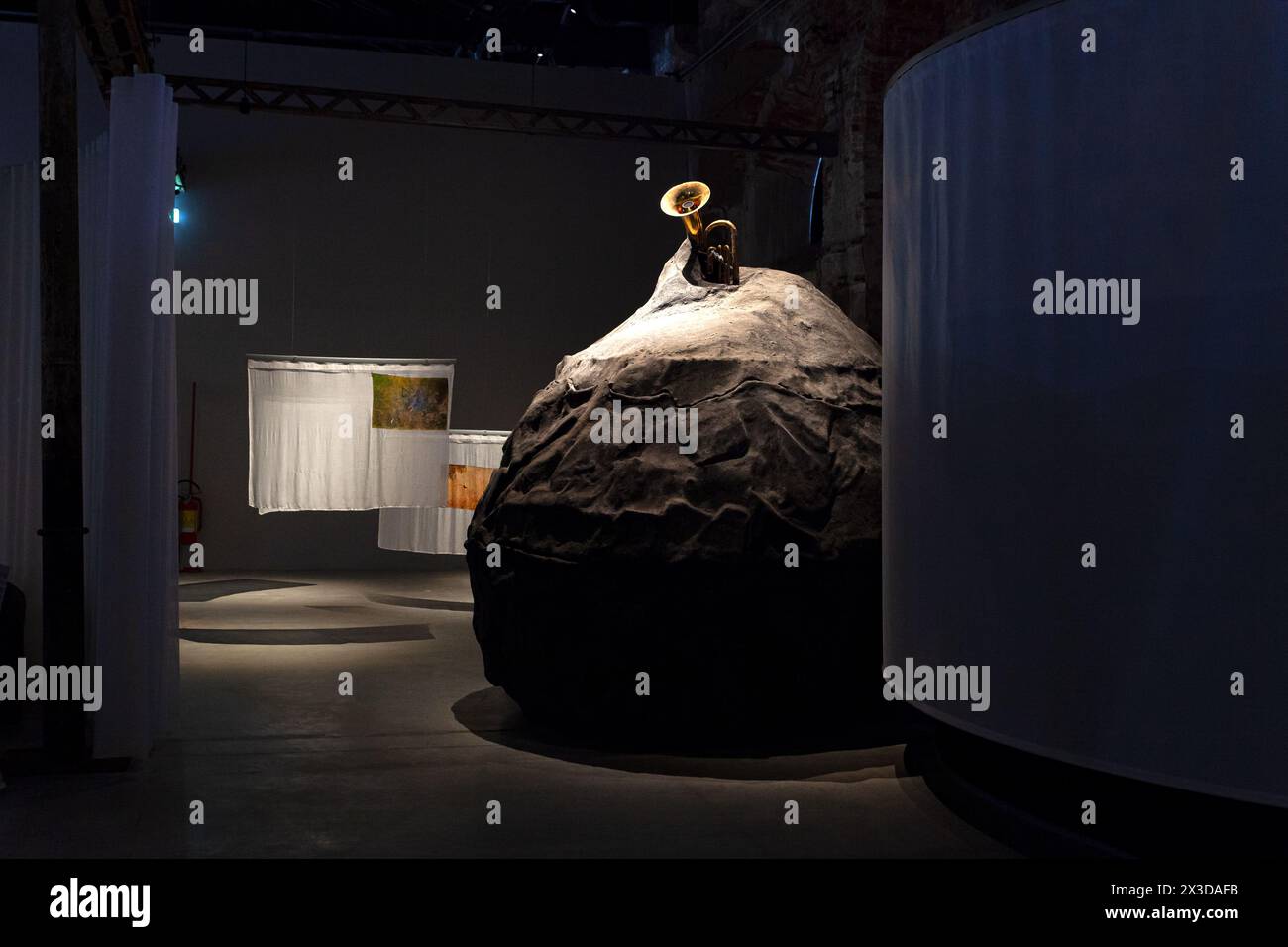 Venice, Italy - April 18, 2024: Installation by Mark Salvatus, titled Waiting Just Behind the Curtain of This Age at the Philippines Pavilion at the A Stock Photo