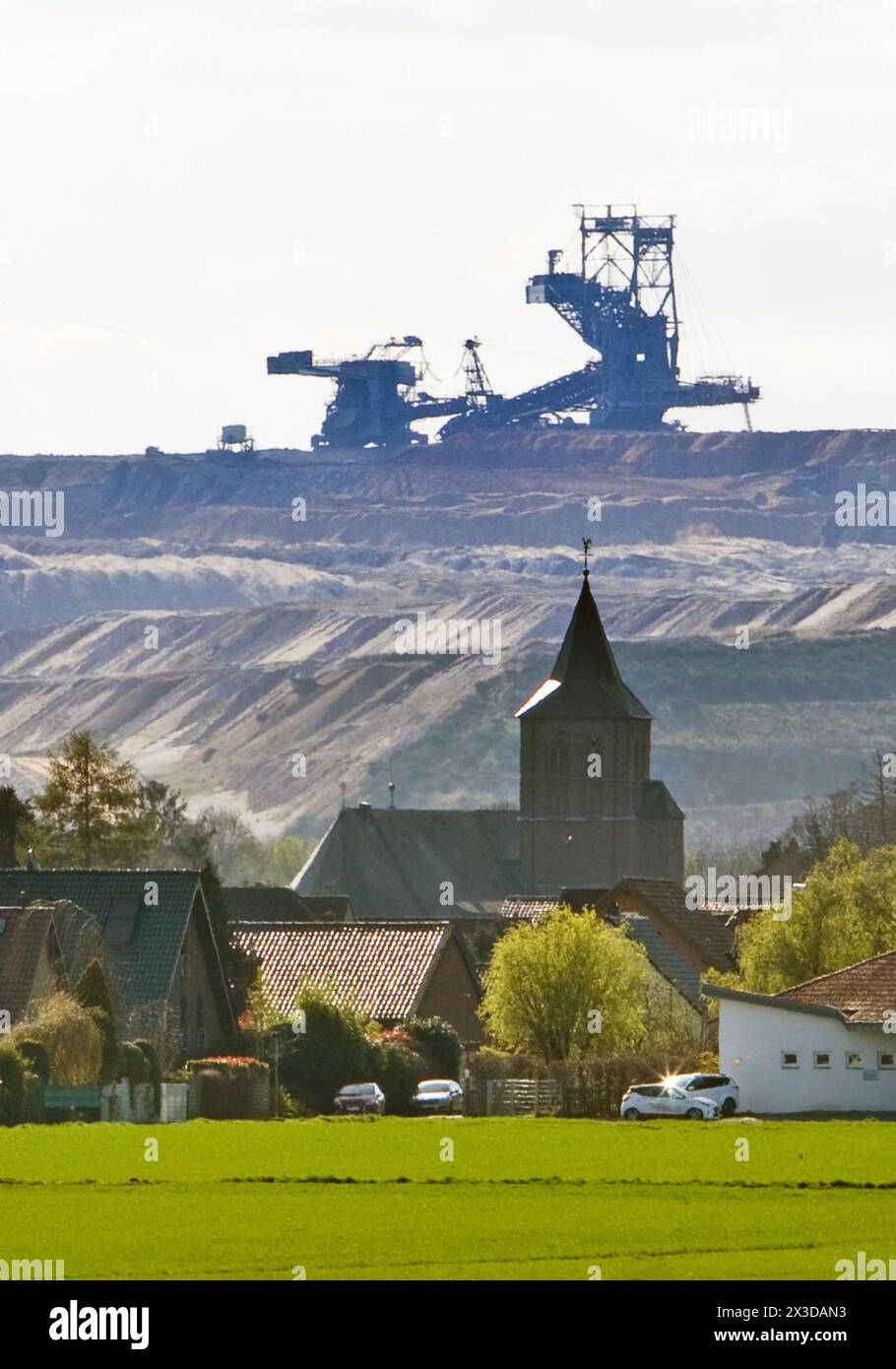 Hambach opencast mine with spreader in front of St. Laurentius Church in Esch, Germany, North Rhine-Westphalia, Elsdorf Stock Photo