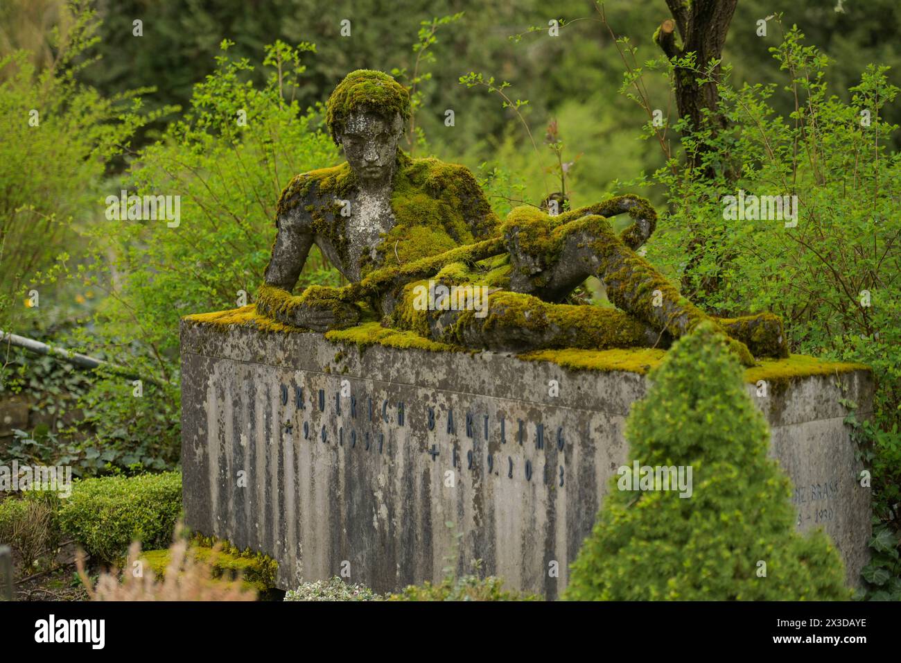 Grab Ulrich Bartling, Moos, Trauerfigur, Nordfriedhof, Wiesbaden, Hessen, Deutschland Stock Photo