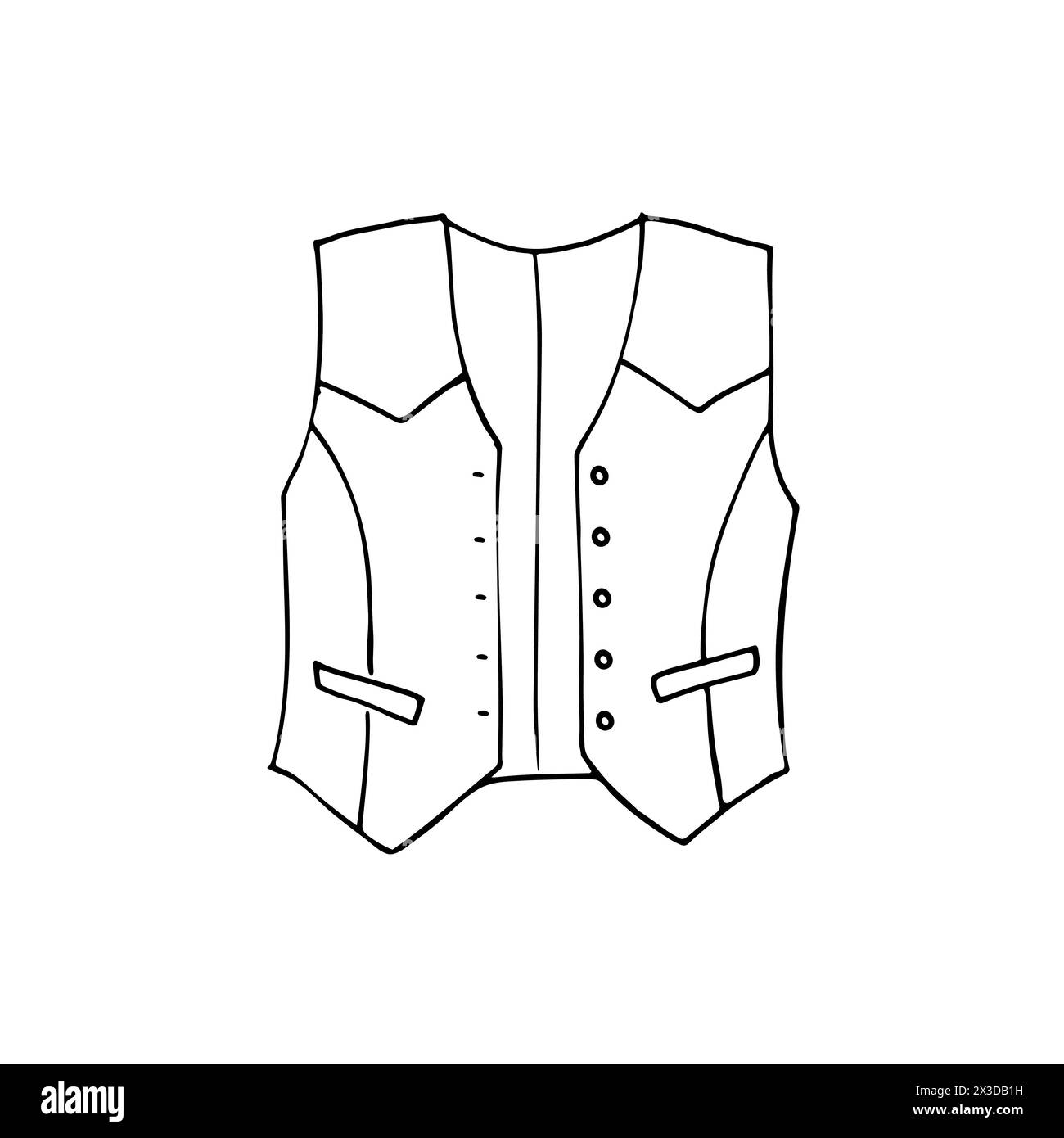 Hand-drawn cowboy waistcoat. Men's clothing in doodle style. Vector illustration of a men's cowboy traditional garment. Isolated on white background. Stock Vector