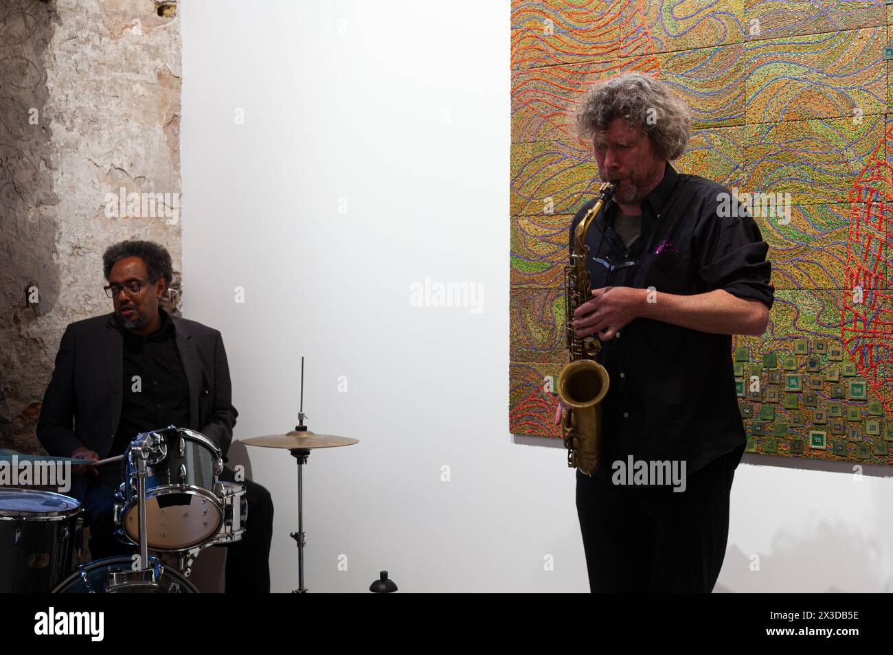 Venice, Italy - April 17, 2024: Jazz concert inauguration of the exhibition titled Tightrope by Ethiopian artist Elias Sime Collateral event during a Stock Photo