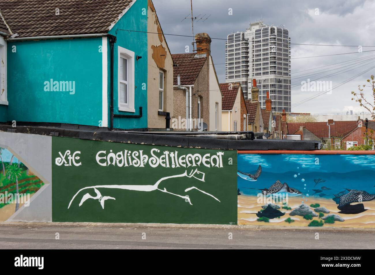 Mural of English Settlement album of hill figure of the White Horse and the David Murray John tower in the background, Swindon, Wiltshire, England Stock Photo