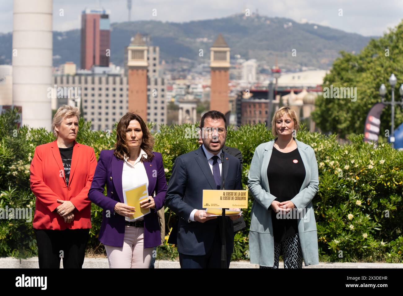 Pere Aragonès gives a rally on the first day of the campaign explaining how they would implement a referendum for the independence of Catalonia if they win the elections and emphasizing that they have been the ones who have achieved amnesty and pardons. Pere Aragonès hace un mitin el primer día de campaña explicando cómo aplicarían un referéndum para la independencia de Cataluña si ganan las elecciones y destacando que han sido ellos quienes han logrado la amnistía y los indultos. in the pic:pere aragones, lura vilagra News politics - Barcelona, Spain friday, april 26, 2024 (Photo by Eric Re Stock Photo