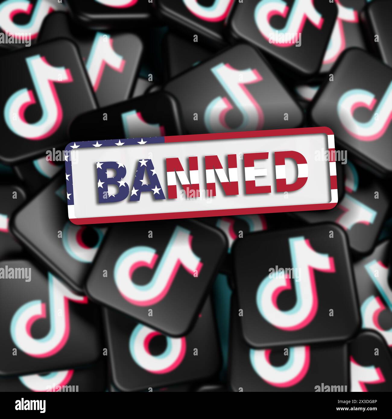 Logos of the video social media app TikTok on a heap with the text