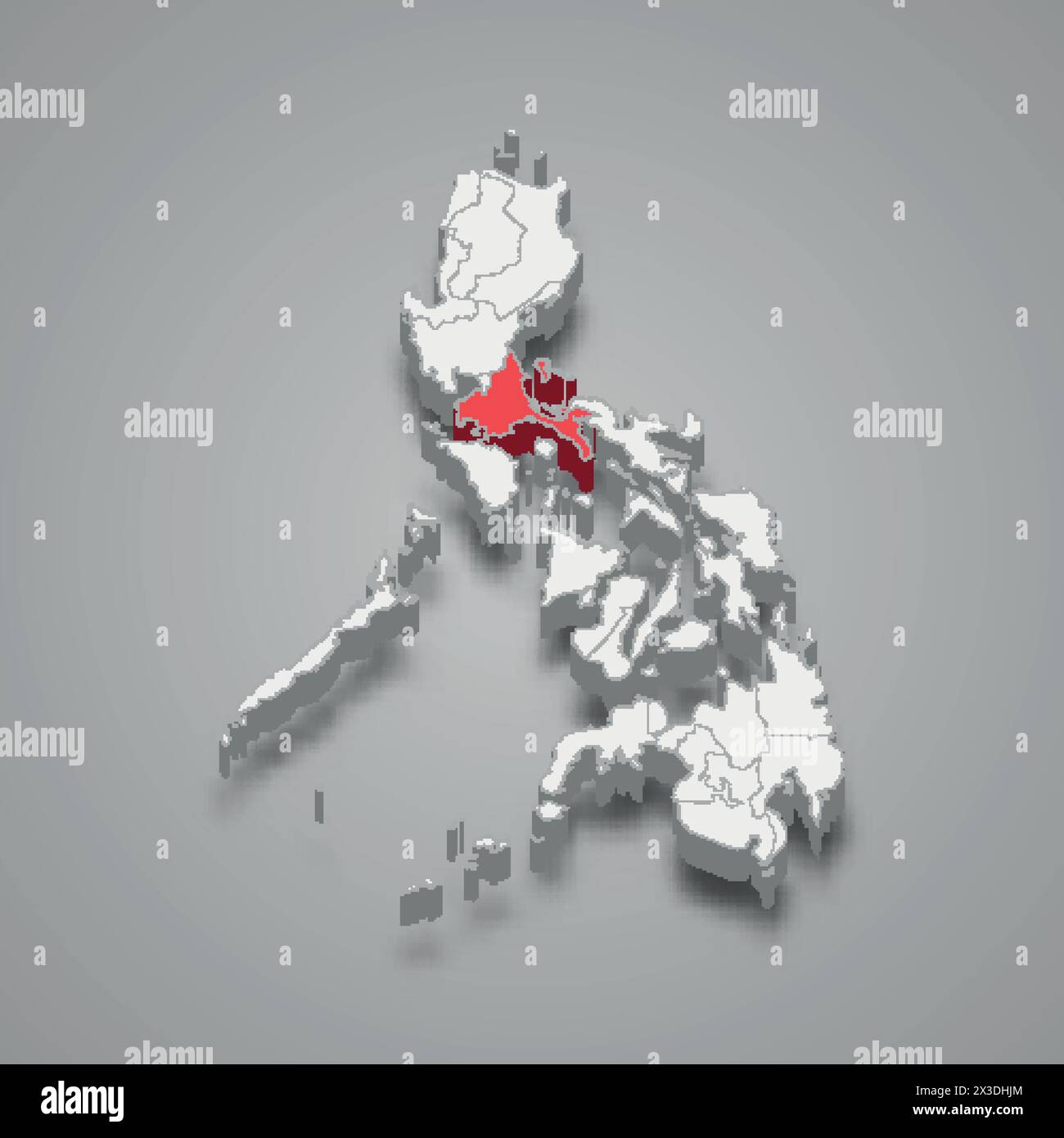 Calabarzon region highlighted in red on a grey Philippines 3d map Stock Vector