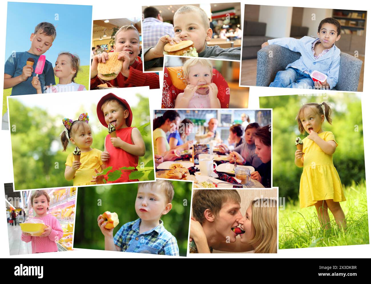 Collage of nineteen eating people (nine models), children with ice cream, fast food Stock Photo