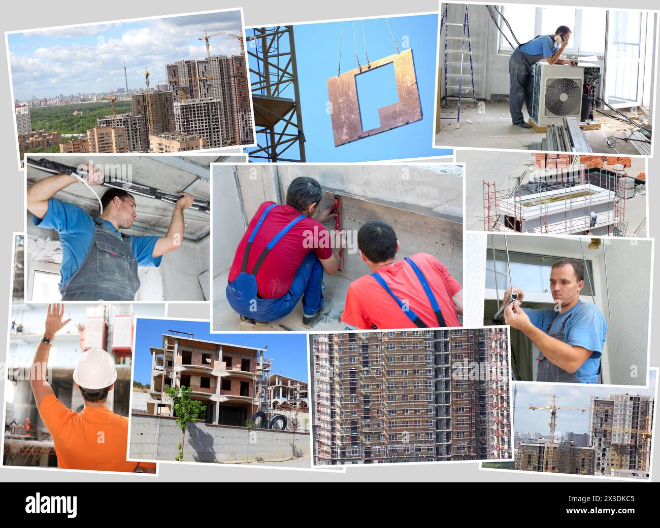 Six workers (four models) mount electrical wiring, air conditioning