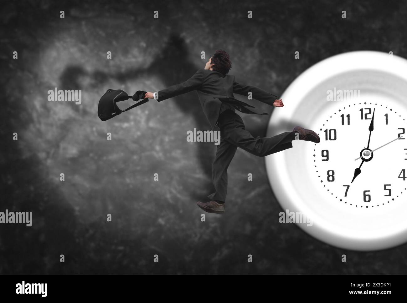 elderly man tries to catch time, collage with running man in gray suit