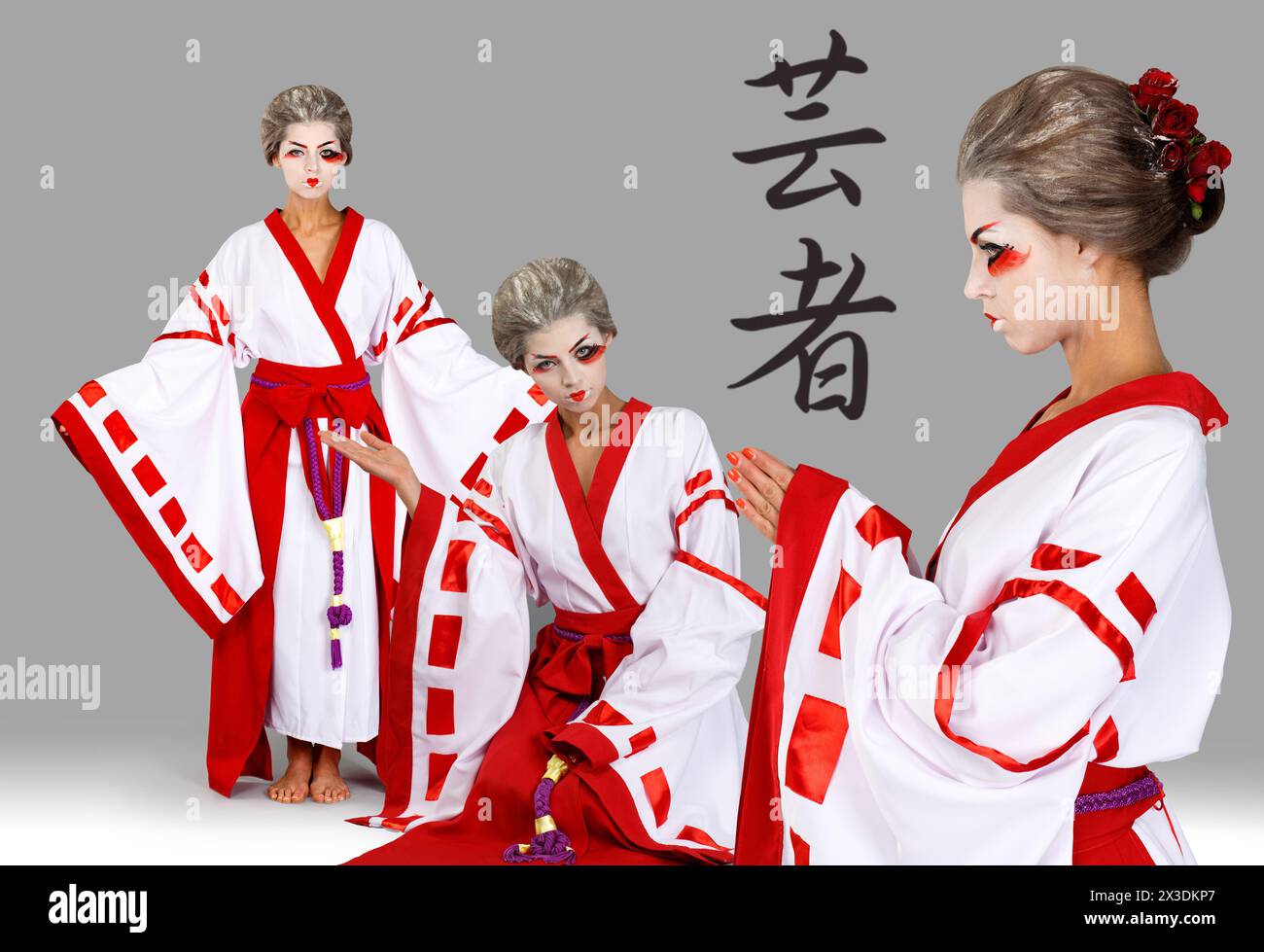 Collage with three girl in traditional Japanese costume and makeup ...