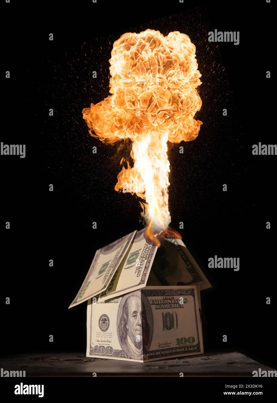 Collage with burning house of dollars and huge plaque on black background Stock Photo