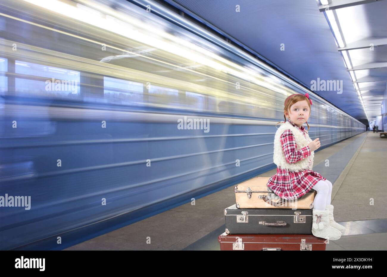 Little Girl Rushing Collage with little cute girl in fur boots sits on suitcases next to ...