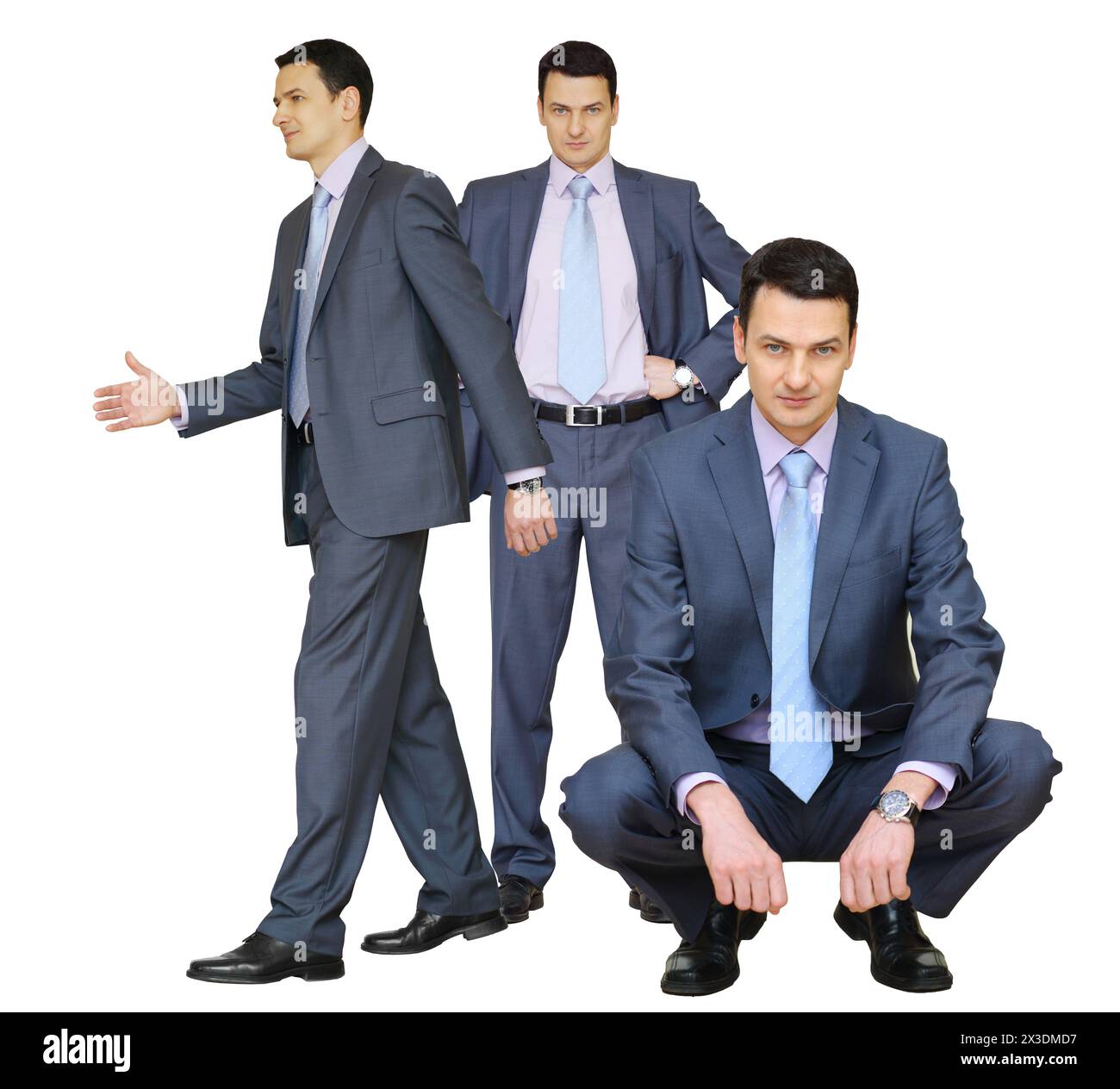 Collage with three handsome serious man (one model) in business suit with tie poses in studio Stock Photo
