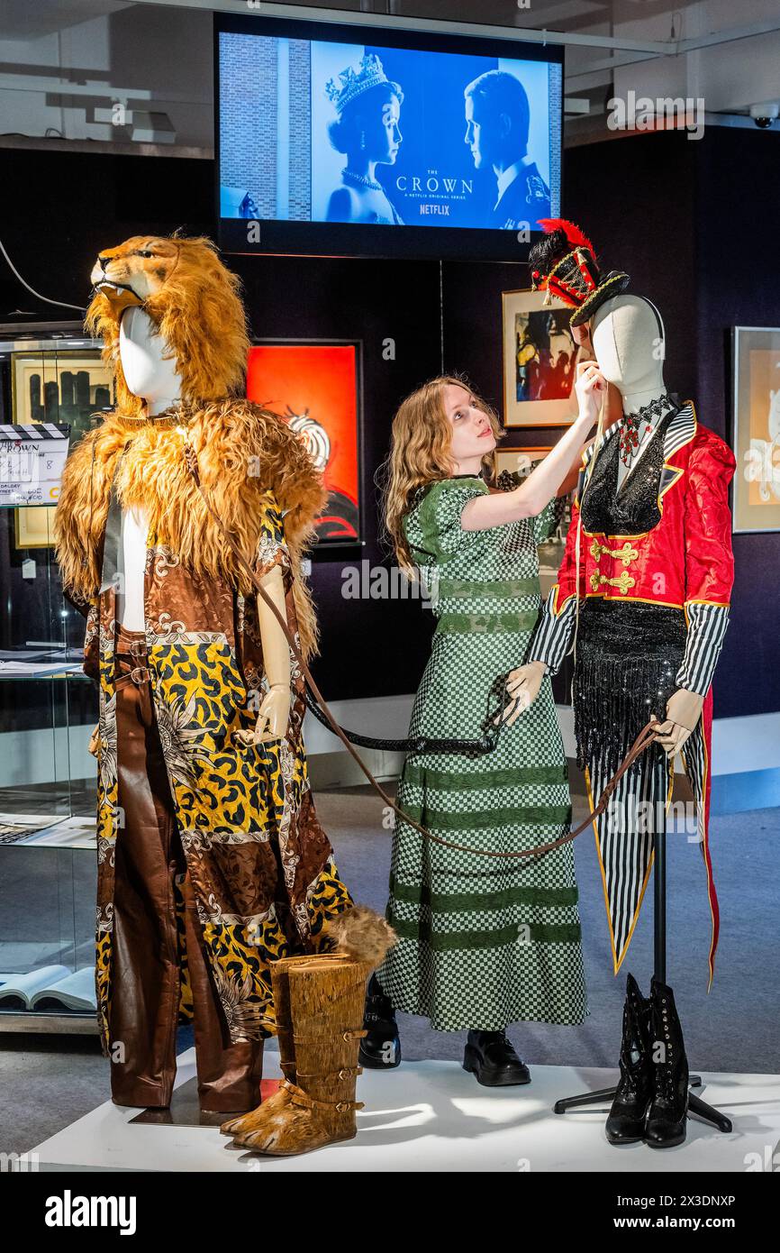 London, UK. 26th Apr, 2024. A fancy-dress lion costume (as worn by Ed McVey as Prince William), est £500 - £800, with A Ringmaster costume, Estimate: £500 - 800 (as worn by Meg Bellamy as Kate Middleton) both from Season 6, Episode 10, 'Sleep Dearie Sleep' - The Crown Part III including further unique highlights from the archive of the hit Netflix show - A preview of the Collections sale at Bonhams Knightsbridge. Credit: Guy Bell/Alamy Live News Stock Photo