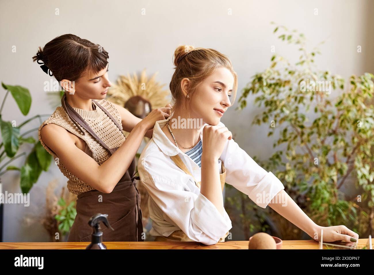 Two women standing at a table with a plant, displaying a nurturing and artistic connection. Stock Photo