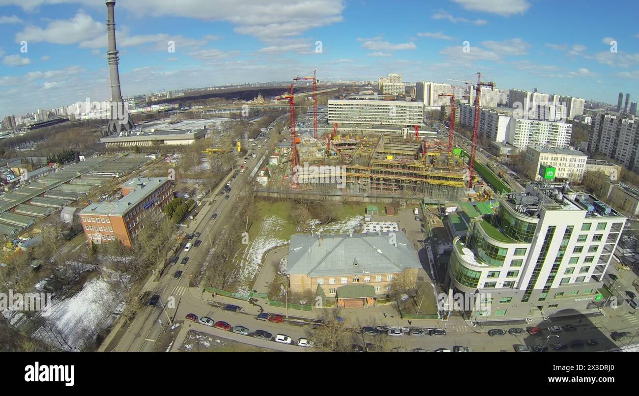 MOSCOW, RUSSIA - APRIL 05, 2014: Ostankino TV Tower and Construction Site NTV television company on a sunny day, aerial view Stock Photo