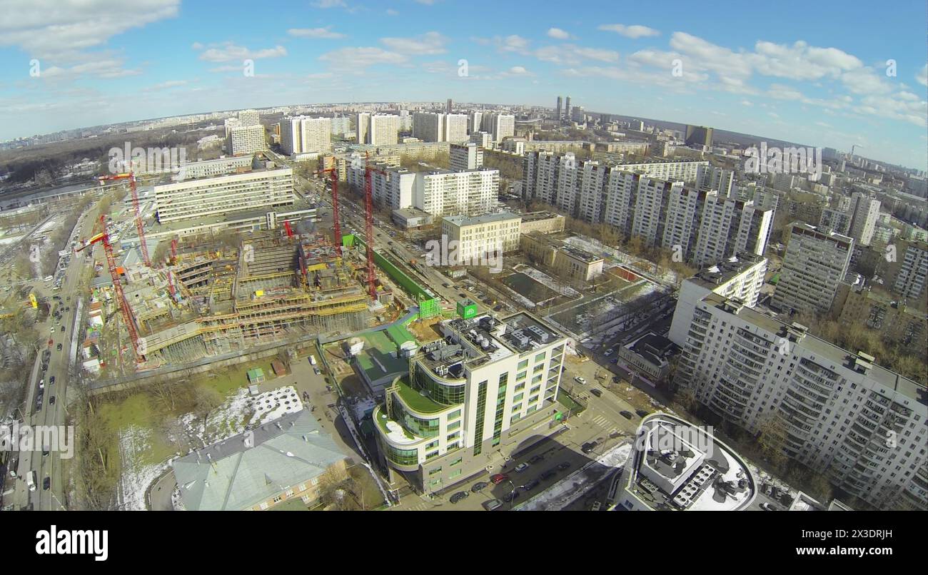 MOSCOW, RUSSIA - APRIL 05, 2014: Cityscape with residential buildings and construction site of television company NTV, aerial view Stock Photo