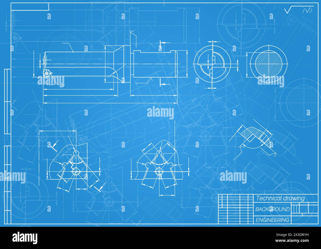 Mechanical engineering drawings on blue background. Tap tools, borer. Technical Design. Cover. Blueprint. Vector illustration. Stock Vector