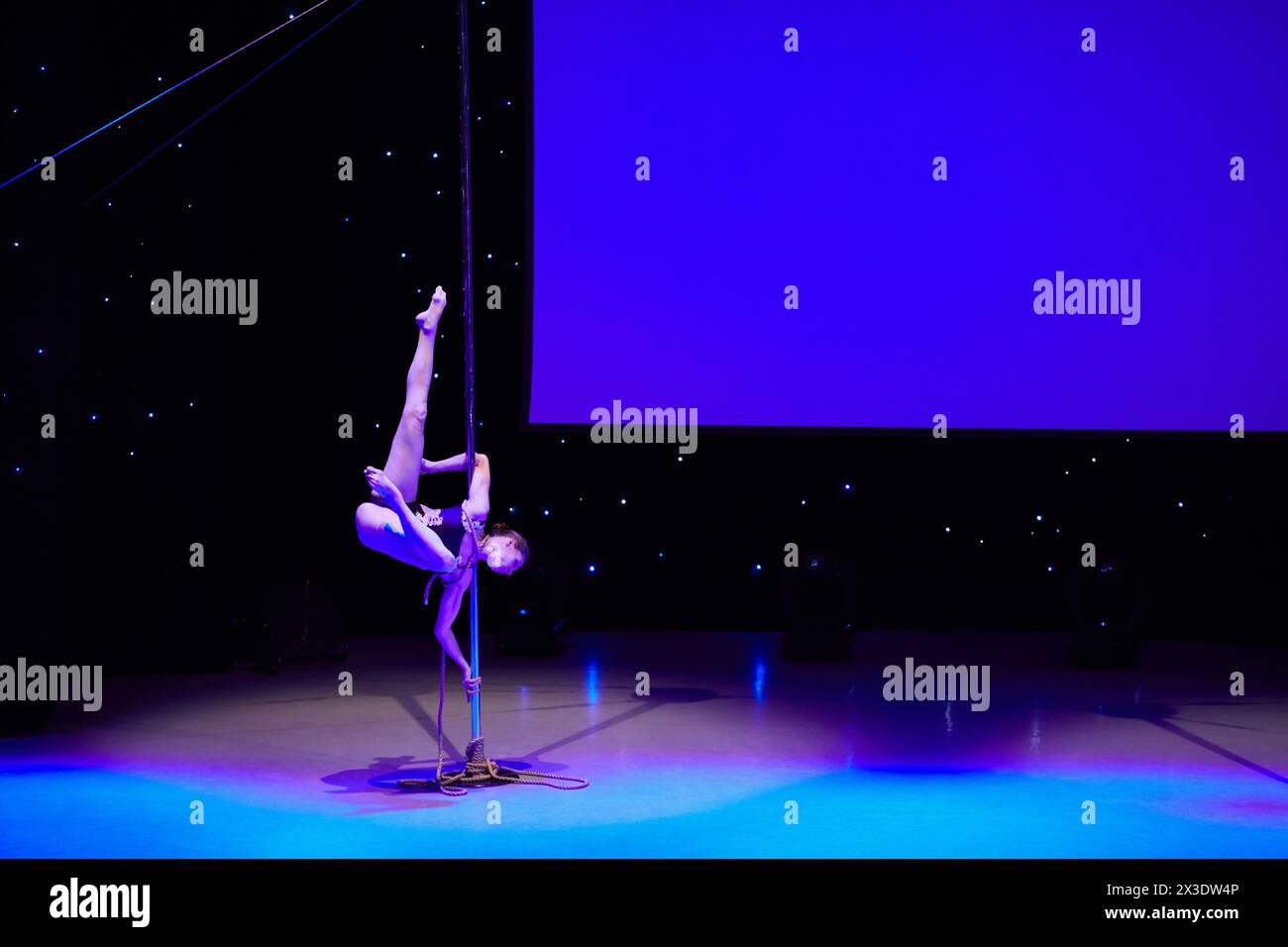 MOSCOW, RUSSIA - FEB 11, 2017: Female participant of Pole Dance Show performs on stage in Korolevskiy concert hall. Concert hall is designed for 750 s Stock Photo